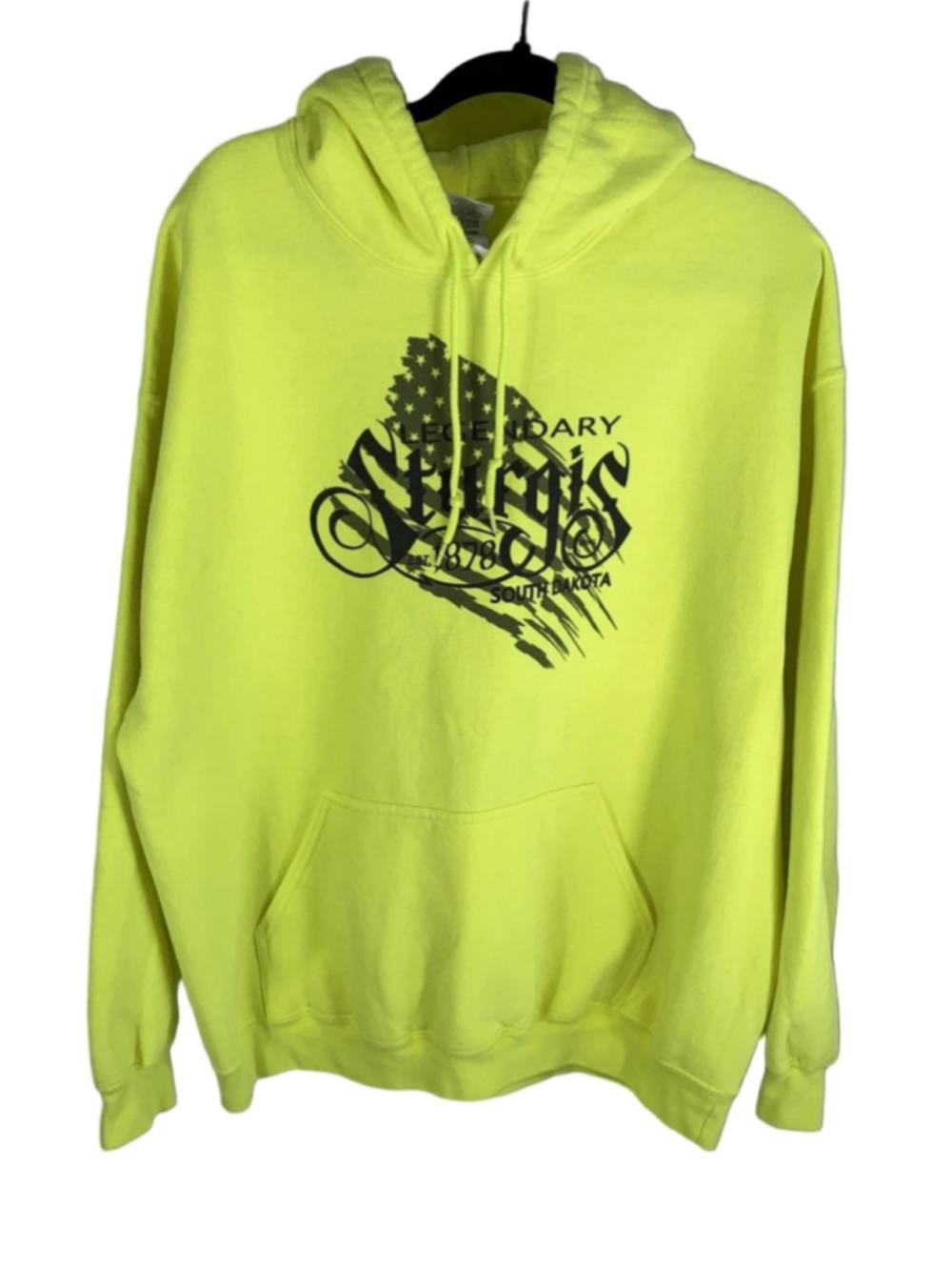Sturgis South Dakota Hoodie XL Neon Yellow Pullover USA Flag Graphic